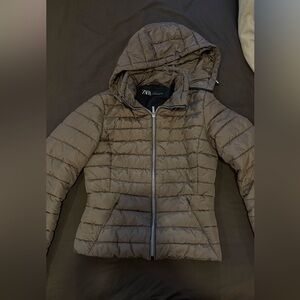 ZARA Quilted Hooded Puffer Jacket - Taupe Brown